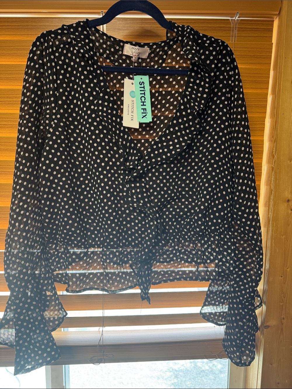 Ditsy Polka Dot Cinched-Front Ruffle Blouse — Black/White